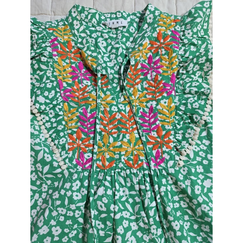THML Classic 100% Cotton Trish Dress‎ Women's Size S Green/White Embroidered - Picture 3 of 10